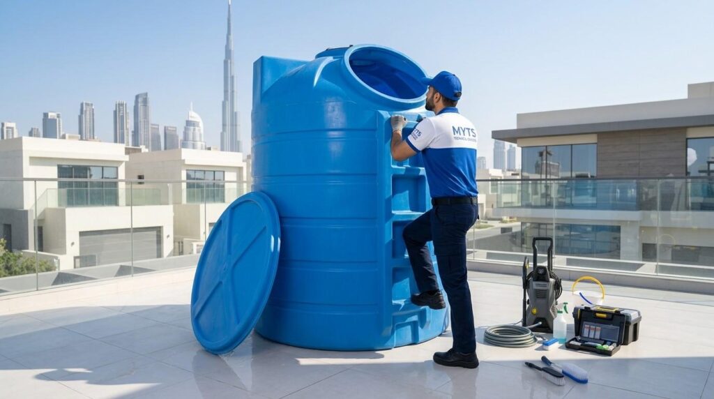 Certified technicians performing professional water tank cleaning services in Dubai for residential and commercial properties.