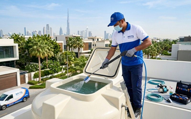 Professional technicians providing water tank cleaning services in Dubai for residential and commercial properties