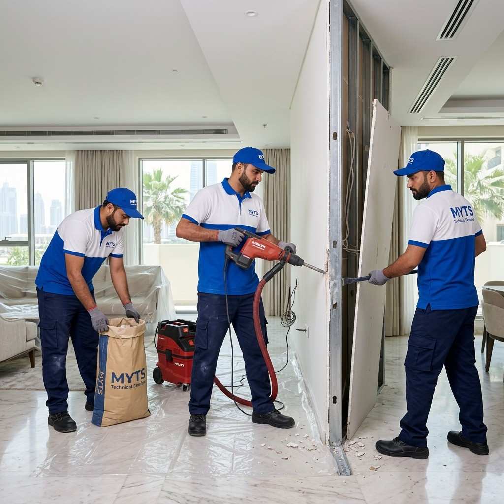 Demolishing Work 16 Professional residential demolition experts in Dubai safely handling wall and structure removal by MYTS Technical Services.