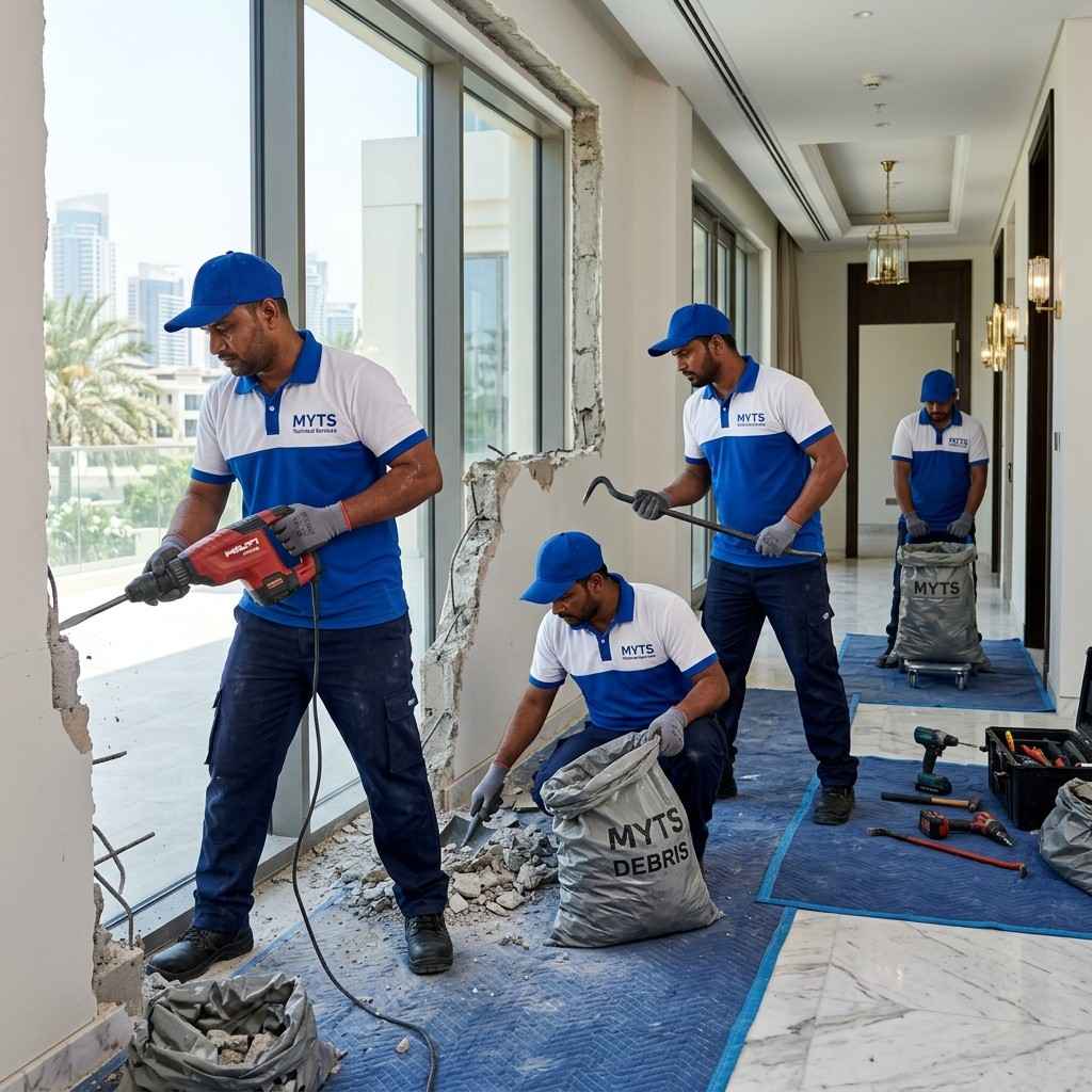 Professional residential demolition experts in Dubai safely handling wall and structure removal by MYTS Technical Services.