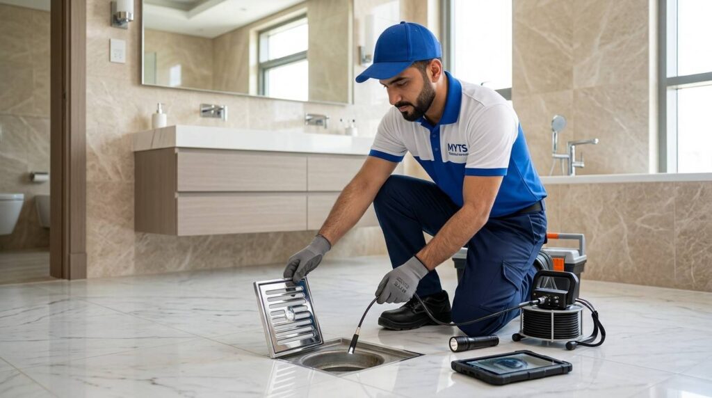 Drainage Cleaning Services Sharjah Fast & Professional Drain Cleaning Solutions 1 MYTS technician inspecting a residential drainage system in Sharjah