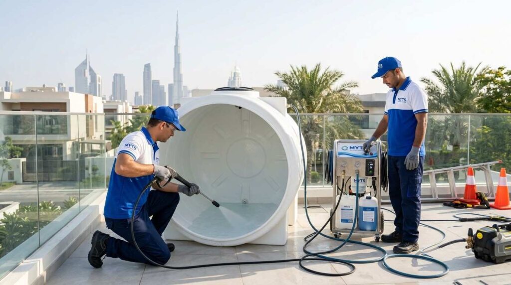 Experts cleaning a residential water storage tank in Dubai using advanced equipment