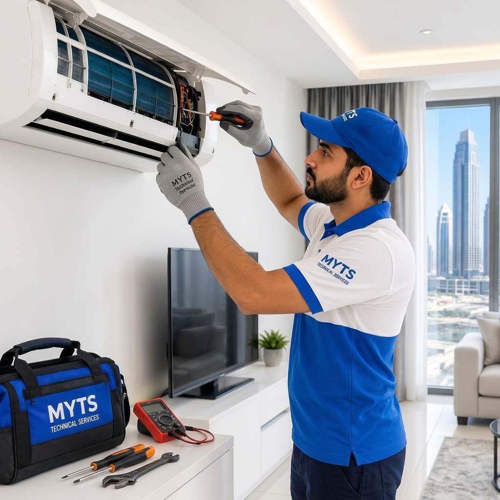 AC & Ventilation 19 Technician repairing a split AC unit in Dubai