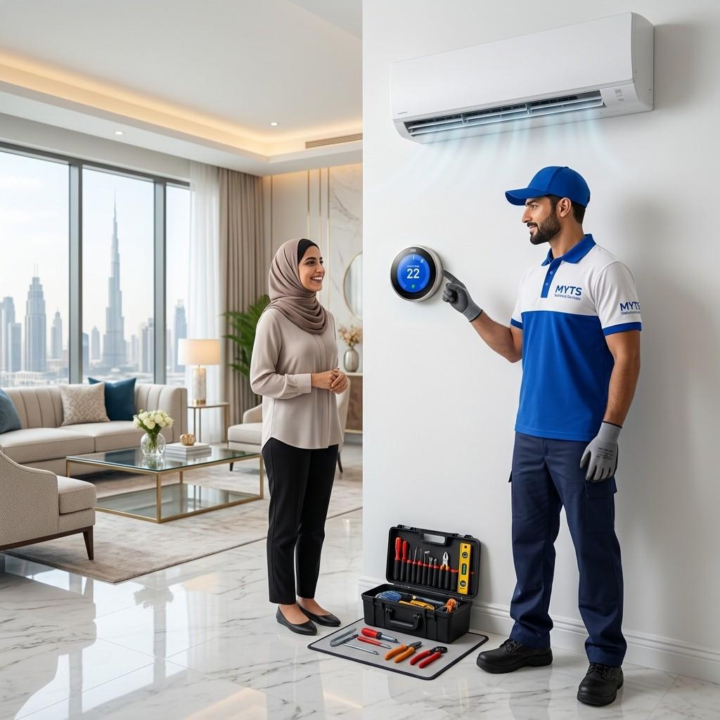 AC & Ventilation 18 Technician repairing a split AC unit in Dubai