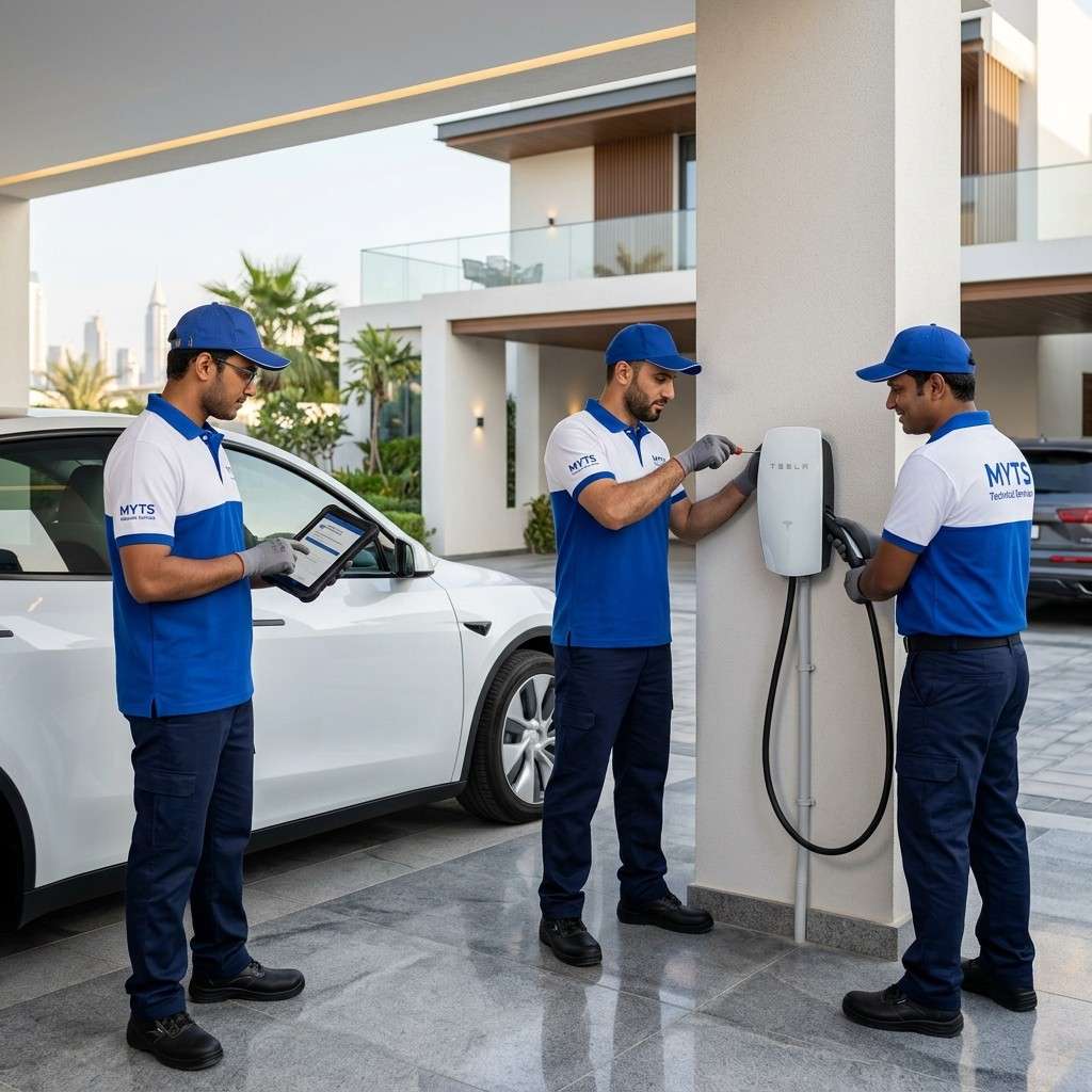 Tesla charger installation in Dubai by MYTS Technical Services for home and commercial EV charging