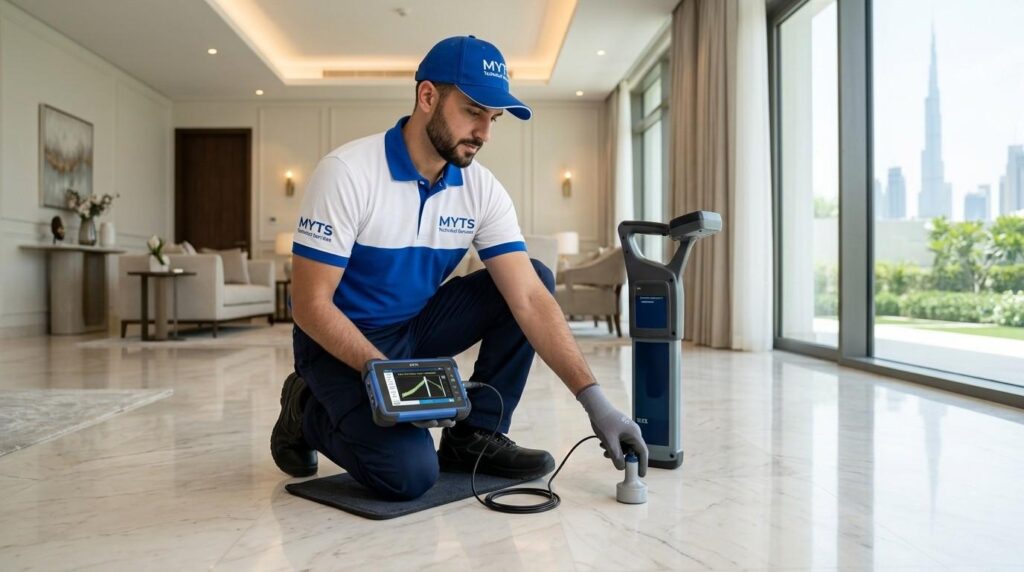 Hidden Water Leak in Dubai, Signs, Causes, Detection & Repair Guide 1 Technician using leak detection equipment to find underground water leak in Dubai