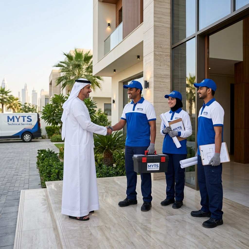 Demolishing Work 18 Professional demolition team from MYTS Technical Services safely removing a gypsum partition wall during demolishing work in Dubai.