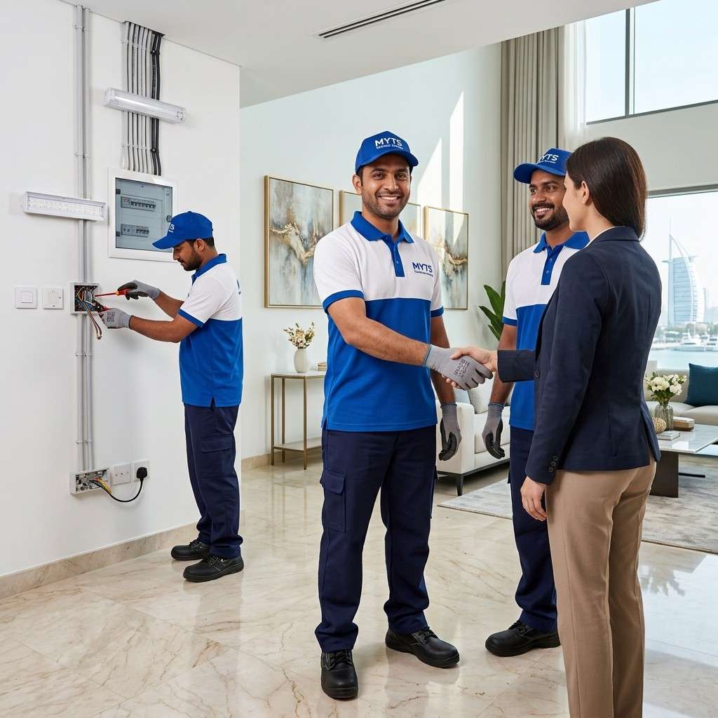 Professional electric work services in Dubai by MYTS Technical Services – certified electricians, wiring, lighting, and electrical repairs.