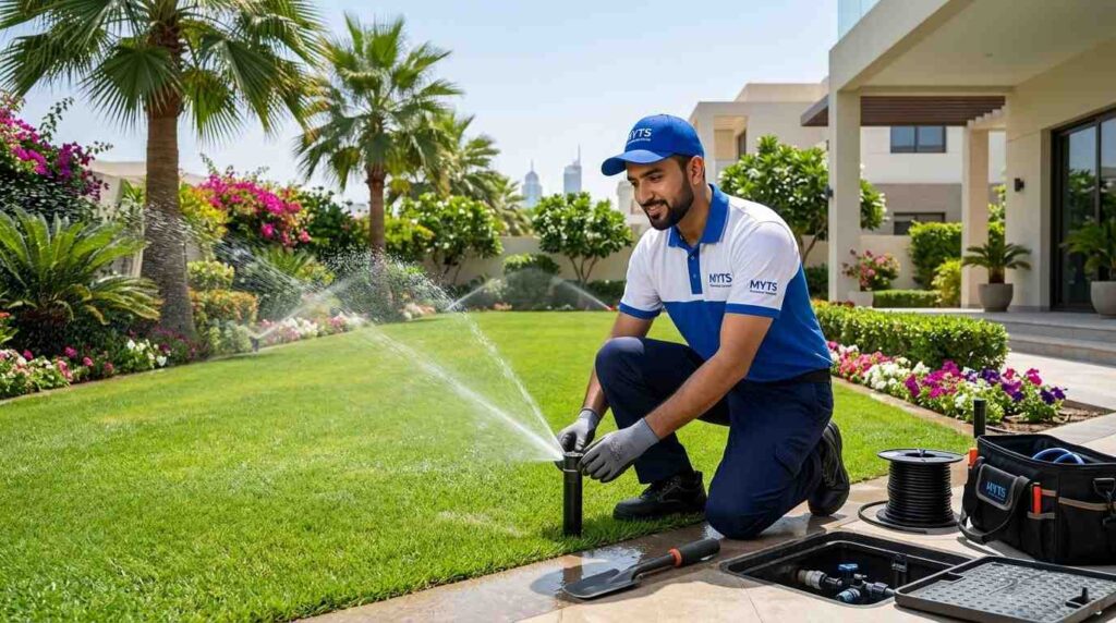 Irrigation Company in Dubai for Installation, Repair & Maintenance 3 Technician repairing and maintaining an irrigation system in Dubai.