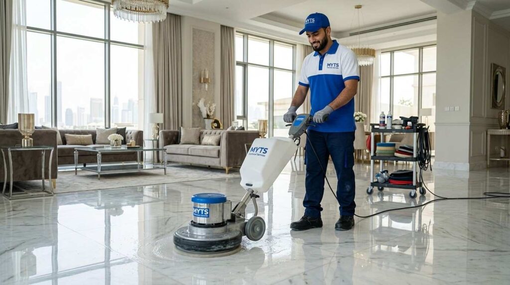 Marble Polishing in Dubai, Professional Floor Restoration Services 1 Marble floor polishing services in Dubai removing scratches and restoring glossy marble surfaces.