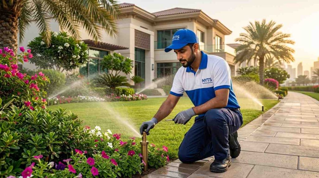 How Often to Water Garden in Dubai 1 Automatic sprinkler watering green lawn and plants in a Dubai villa garden at sunrise.