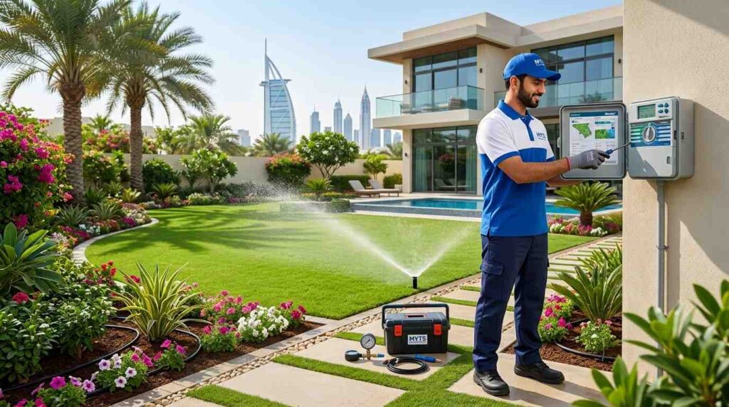 Irrigation Services Dubai, Professional Installation, Repair & Maintenance 2 Drip irrigation pipes watering plants and flowers in a Dubai garden.