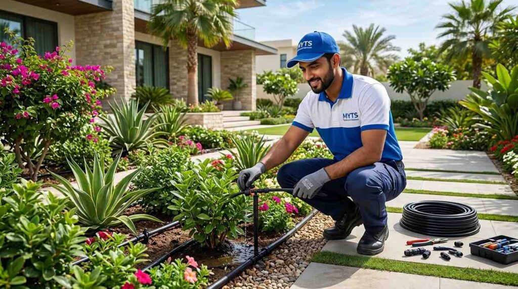 How Often to Water Garden in Dubai 2 Drip irrigation system watering flowers and shrubs in a residential garden in Dubai.