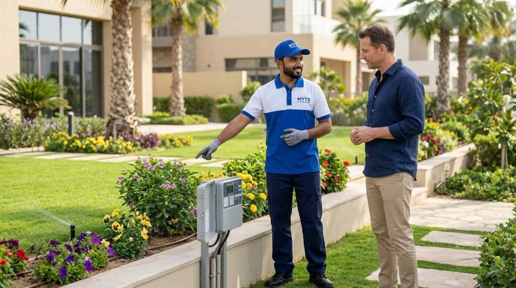 Irrigation Services Dubai, Professional Installation, Repair & Maintenance 4 Regular irrigation system maintenance for a lush green garden in Dubai.
