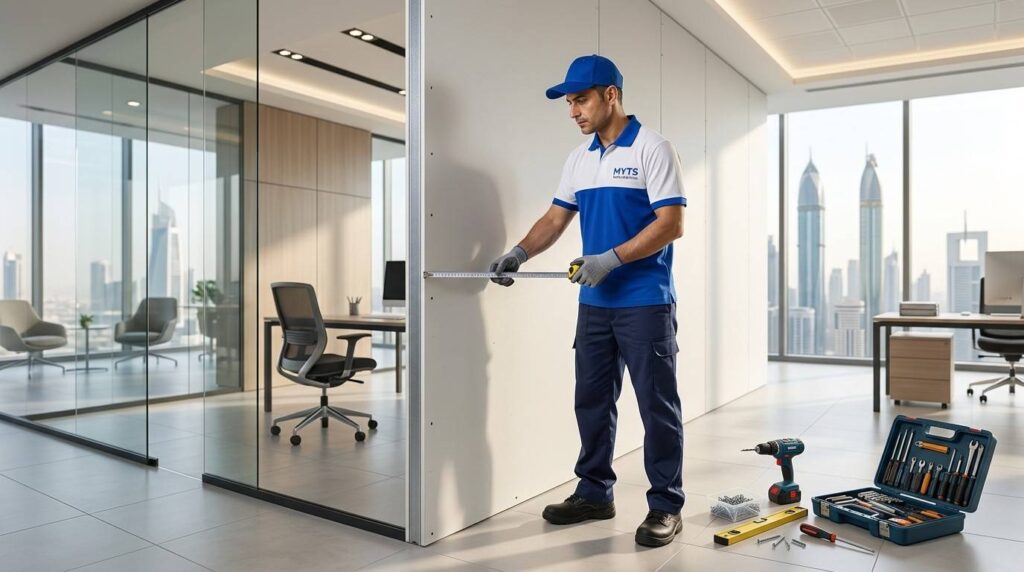 Gypsum Partition Services in Dubai for Homes & Offices 1 Gypsum partition installation in a Dubai office