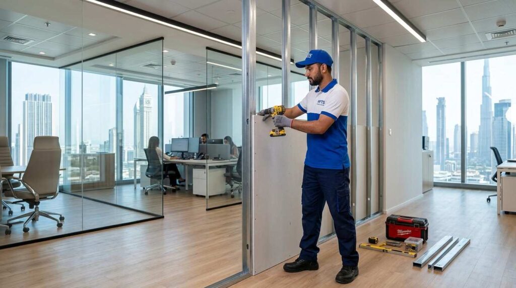 Gypsum Partition Work in Dubai 1 Gypsum partition installation in a Dubai office