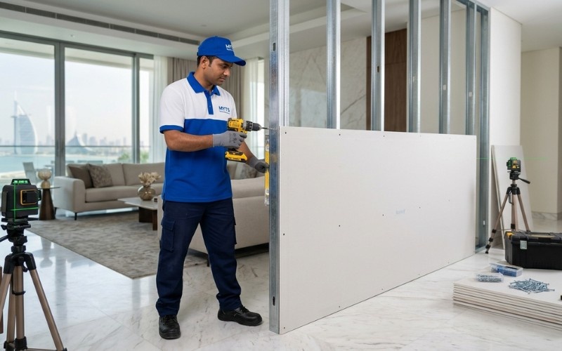 Gypsum partition work in Dubai for modern office interiors