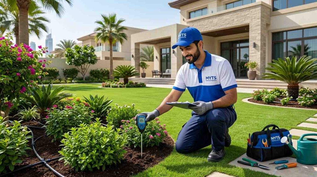 How Often to Water Garden in Dubai 3 Professional gardener checking soil moisture before watering plants in a Dubai garden.