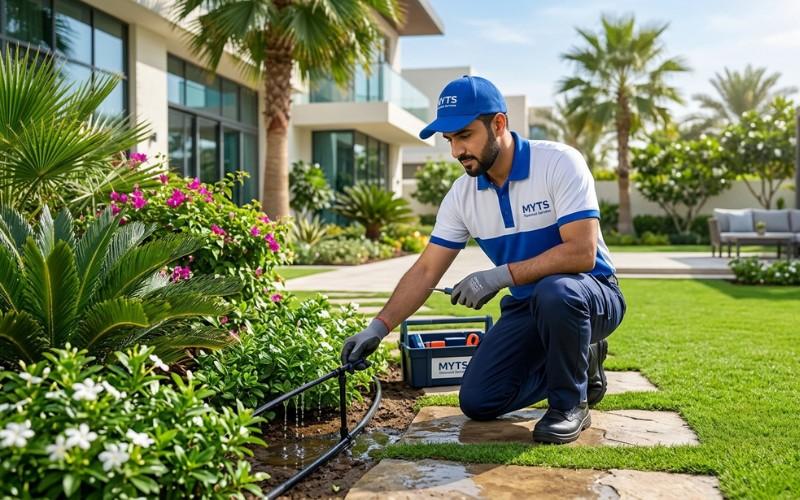 Gardener watering a lush garden in Dubai using an efficient irrigation system during the early morning.