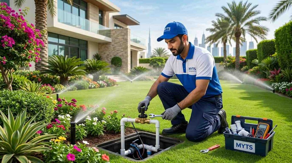 Irrigation Services Dubai, Professional Installation, Repair & Maintenance 3 Technician repairing an underground irrigation system in a Dubai landscape.