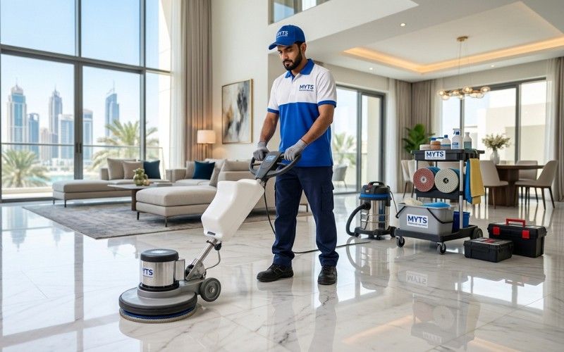 Professional marble polishing in Dubai by MYTS Technical Services restoring natural shine to marble flooring.
