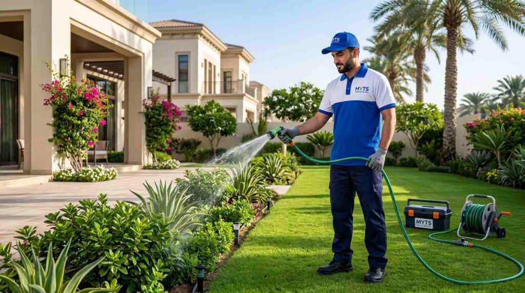 How Often to Water Garden in Dubai 4 MYTS Technical Services maintaining and watering a beautiful residential garden in Dubai.