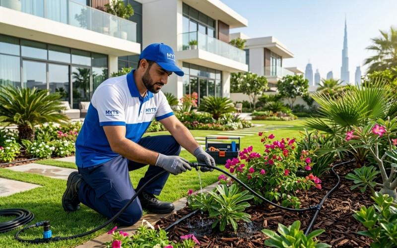 Professional irrigation company installing an automatic garden irrigation system in Dubai.