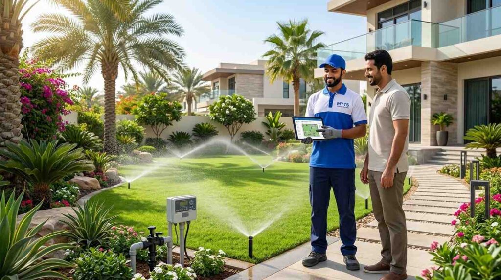 Irrigation Company in Dubai for Installation, Repair & Maintenance 4 Smart irrigation controller managing an automated watering system in a Dubai garden.
