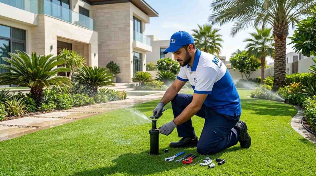 Irrigation Services Dubai, Professional Installation, Repair & Maintenance 1 Automatic sprinkler irrigation system installed on a green lawn in Dubai.