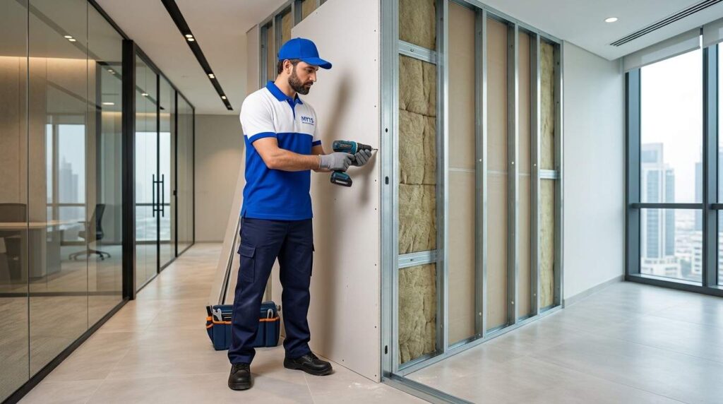 Gypsum Partition Services in Dubai for Homes & Offices 3 Soundproof gypsum partition wall in Dubai office
