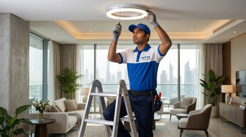 Light Fitting Installation in Dubai for Homes, Villas, and Offices 1 Ceiling light installation in Dubai by an electrical technician