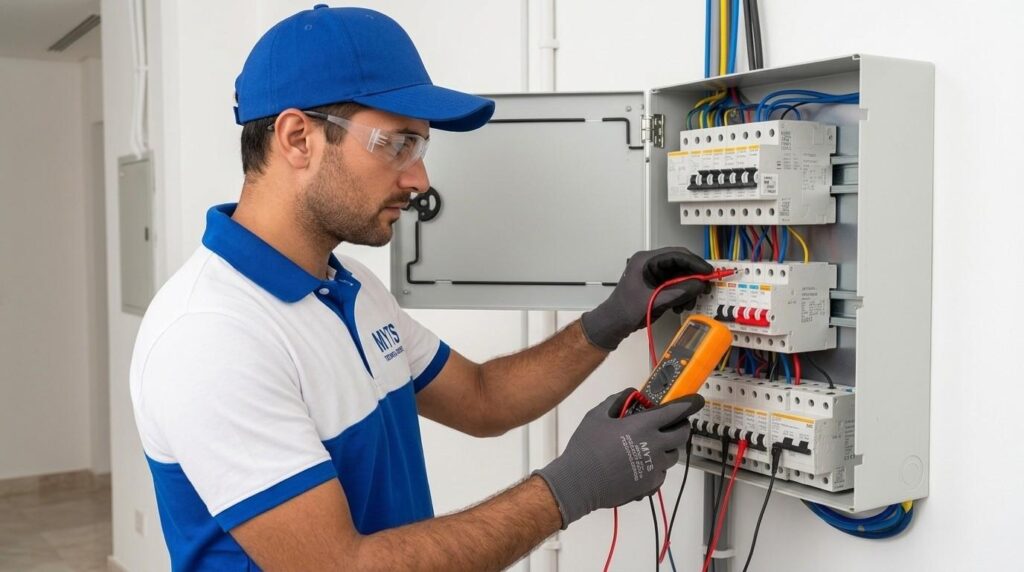 Electrician checking a circuit breaker to diagnose electrical faults in Dubai