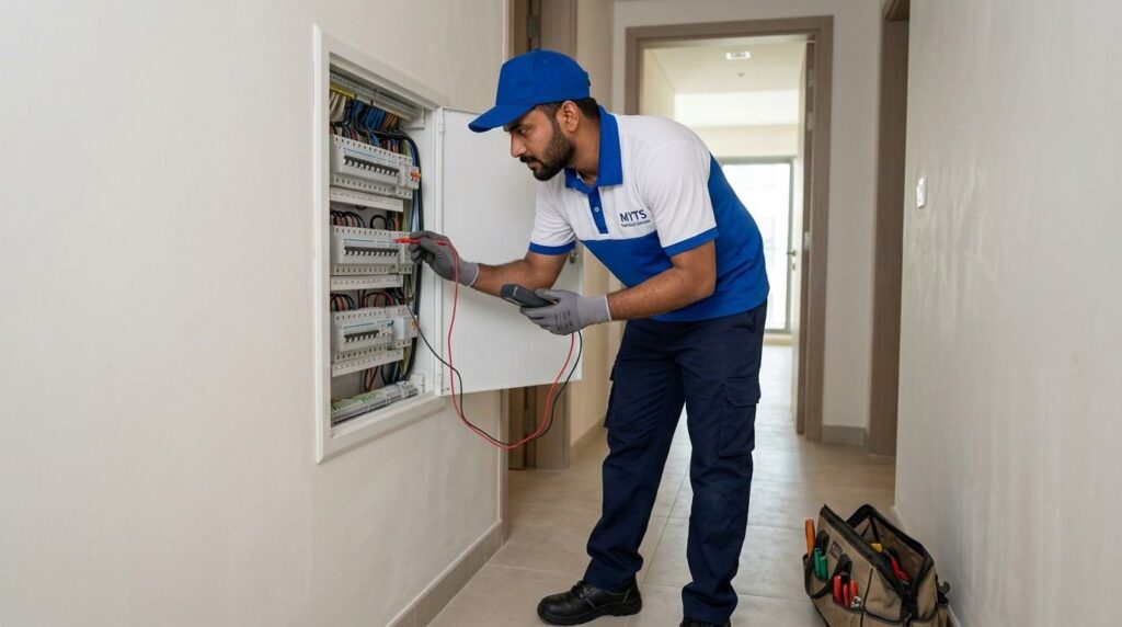 Home Electrical Repair Dubai for Safe and Reliable Home Electrical Services 3 Electrician inspecting a residential electrical distribution board in Dubai