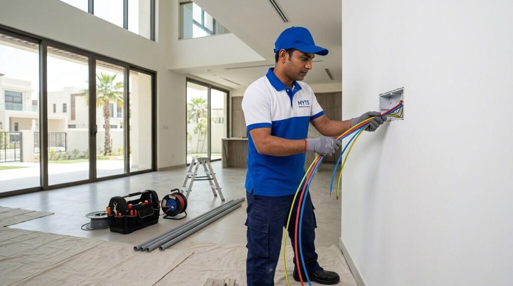 Electrical Wiring Installation in Dubai for Homes, Villas, and Offices 2 Electrician installing electrical wiring in a commercial building in Dubai