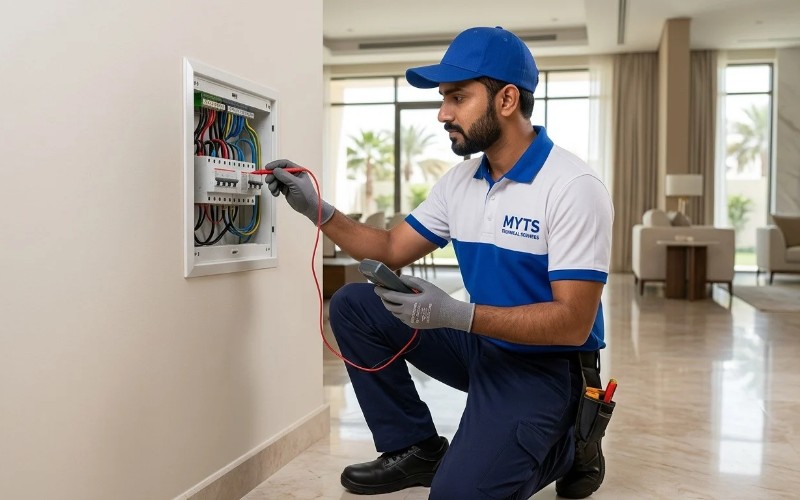 Electrician performing electrical fault diagnosis in Dubai at a distribution board
