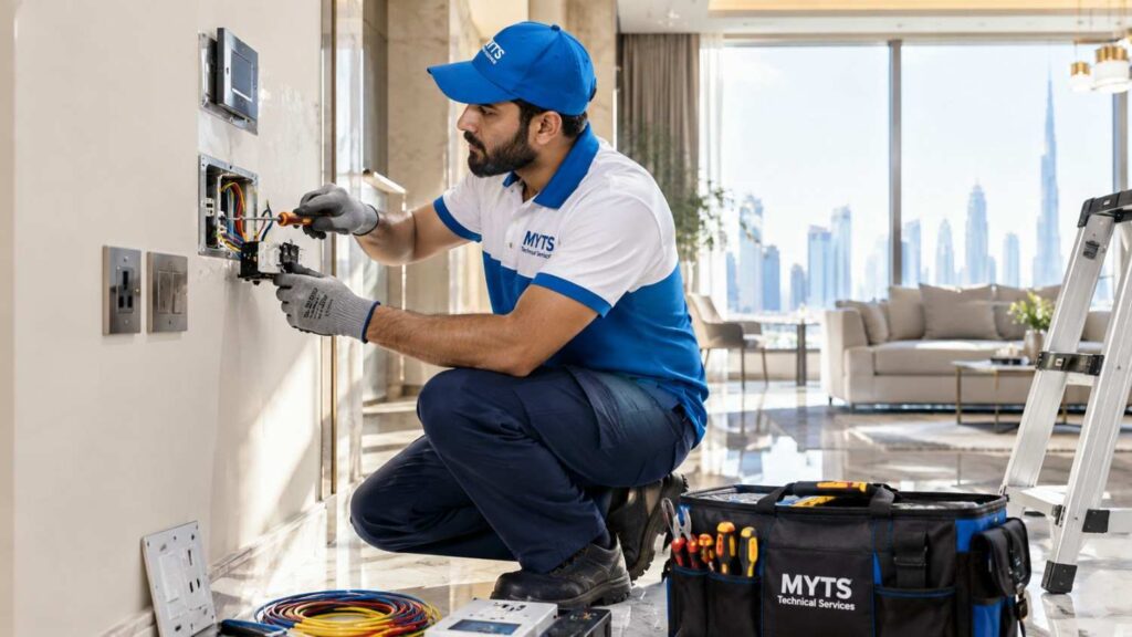 Best Electrical Contractors in Dubai for Safe and Reliable Electrical Services 1 Electrical contractors in Dubai installing wiring and electrical fittings
