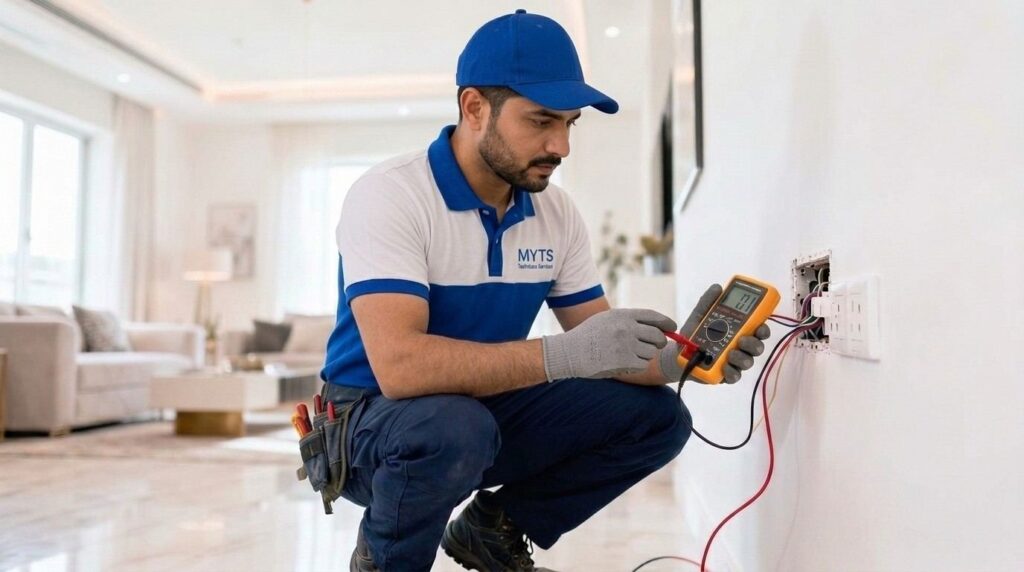 Best Electrical Contractors in Dubai for Safe and Reliable Electrical Services 3 Electrical contractor inspecting an electrical distribution board in Dubai