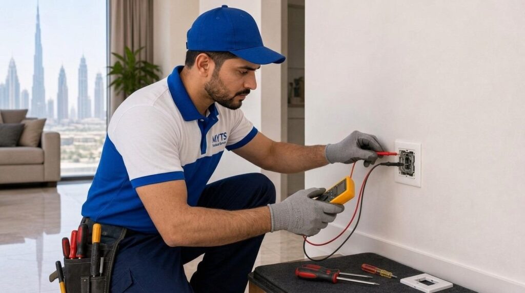 Electrical Contractors in Dubai for Safe and Reliable Electrical Services 3 Electrical contractor inspecting an electrical distribution board in Dubai