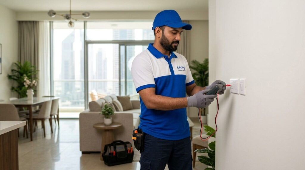 Electrician inspecting an electrical distribution panel in Dubai