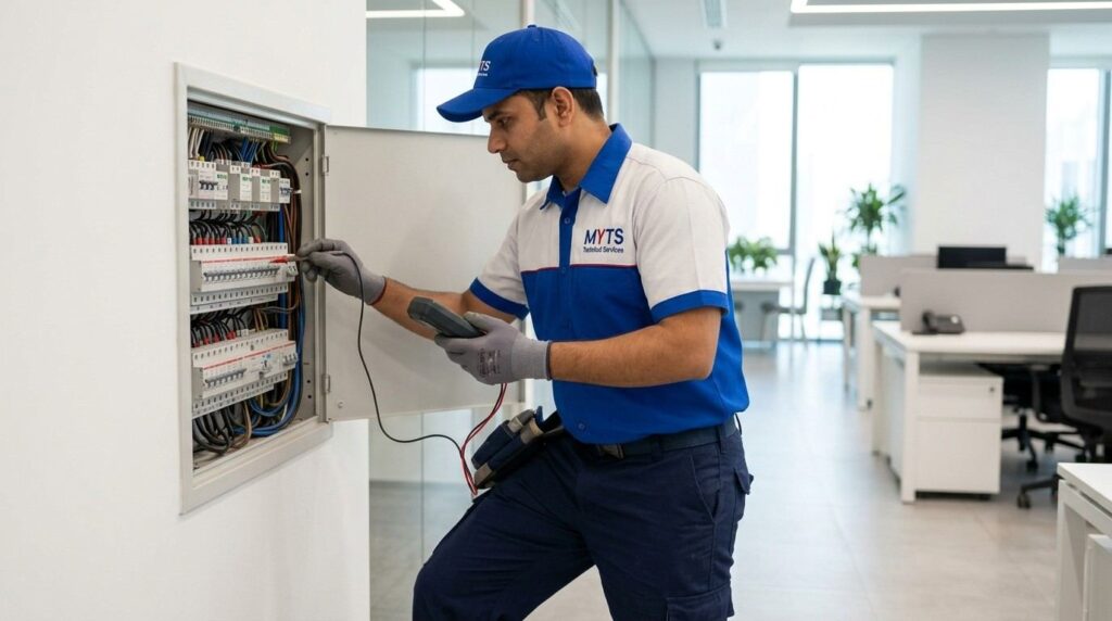 Best Electrical Contractors in Dubai for Safe and Reliable Electrical Services 2 Professional electrician repairing electrical wiring in Dubai