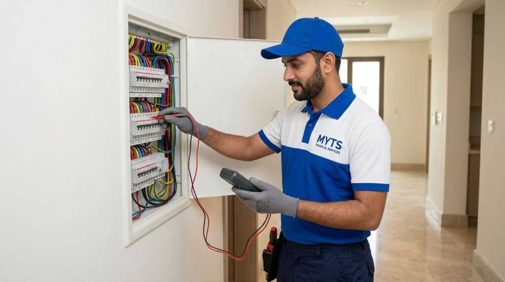 Electrician testing electrical wiring to detect faults in Dubai
