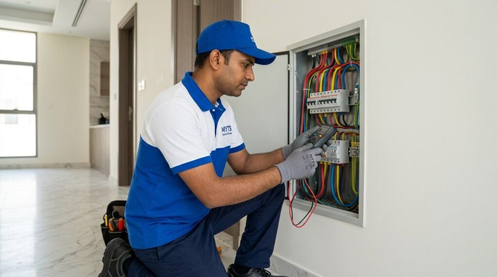 Electrical Wiring Installation in Dubai for Homes, Villas, and Offices 3 Electrician inspecting electrical wiring connections in Dubai