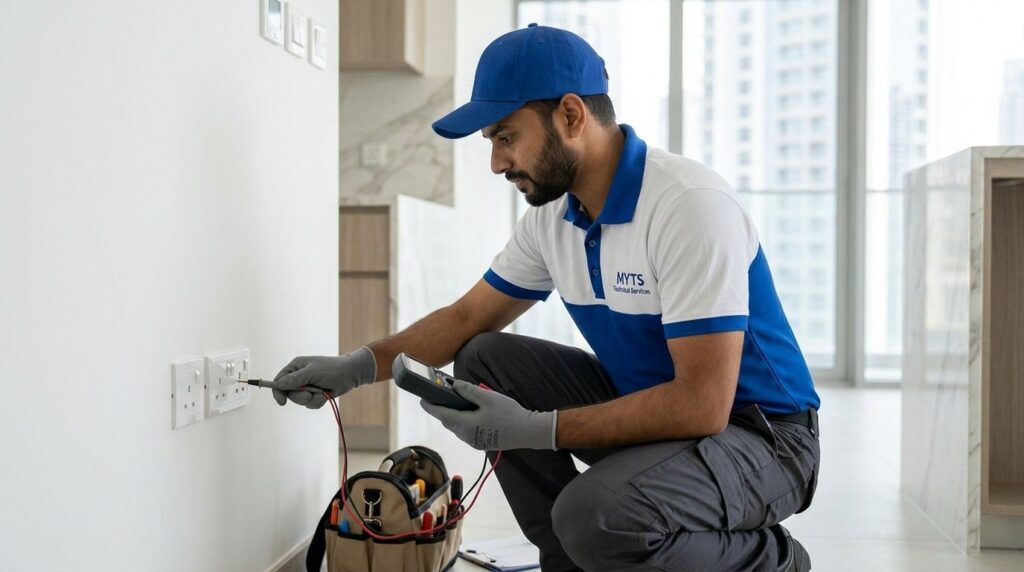 Home electrician checking wiring and electrical sockets in Dubai
