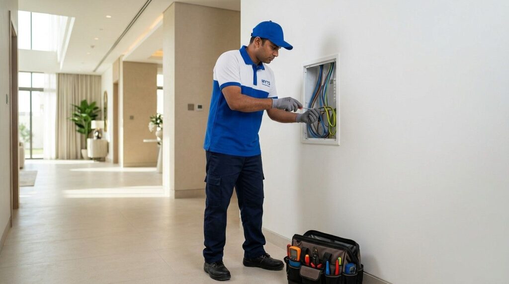 Electrical Wiring Installation in Dubai for Homes, Villas, and Offices 1 Electrician installing electrical wires inside a Dubai home