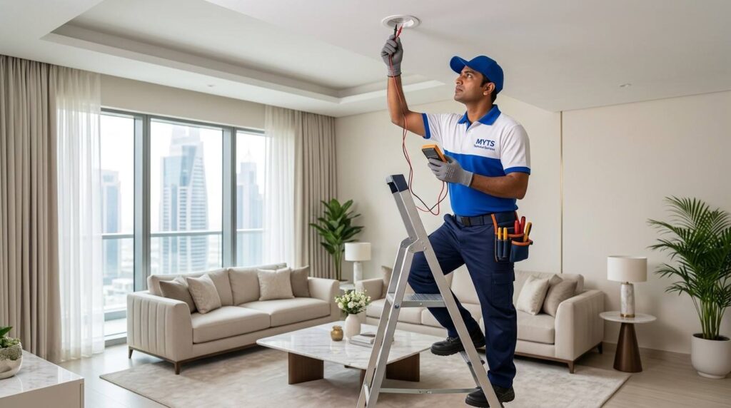 Home Electrical Repair Dubai for Safe and Reliable Home Electrical Services 2 Electrician repairing a ceiling light fixture in a Dubai residential property
