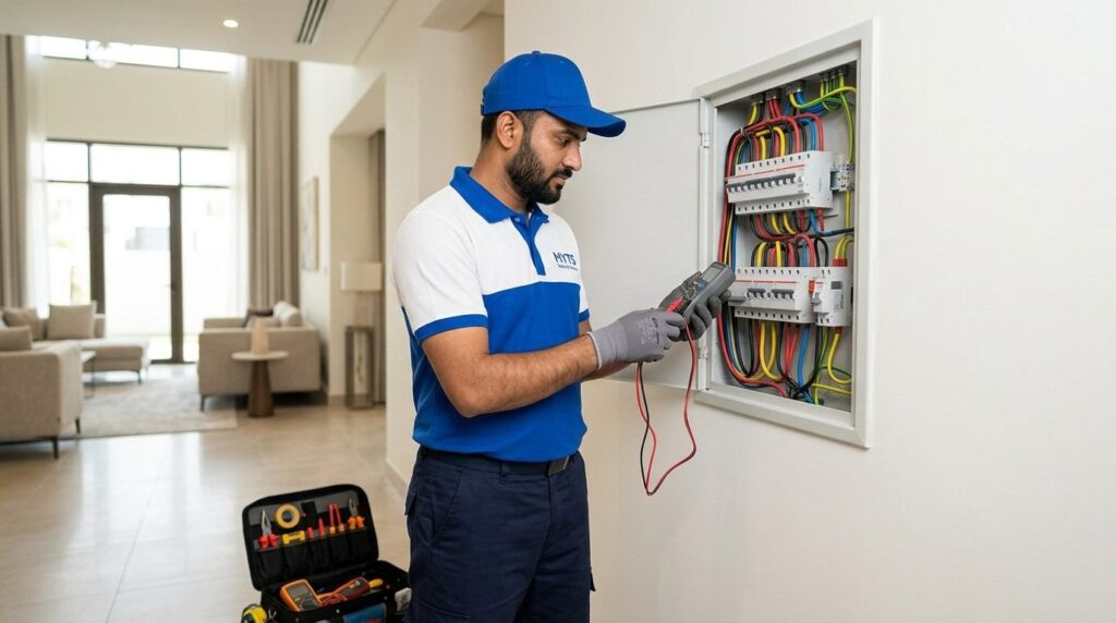 Home Electrical Repair Dubai for Safe and Reliable Home Electrical Services 1 Electrician inspecting and repairing home electrical wiring in Dubai