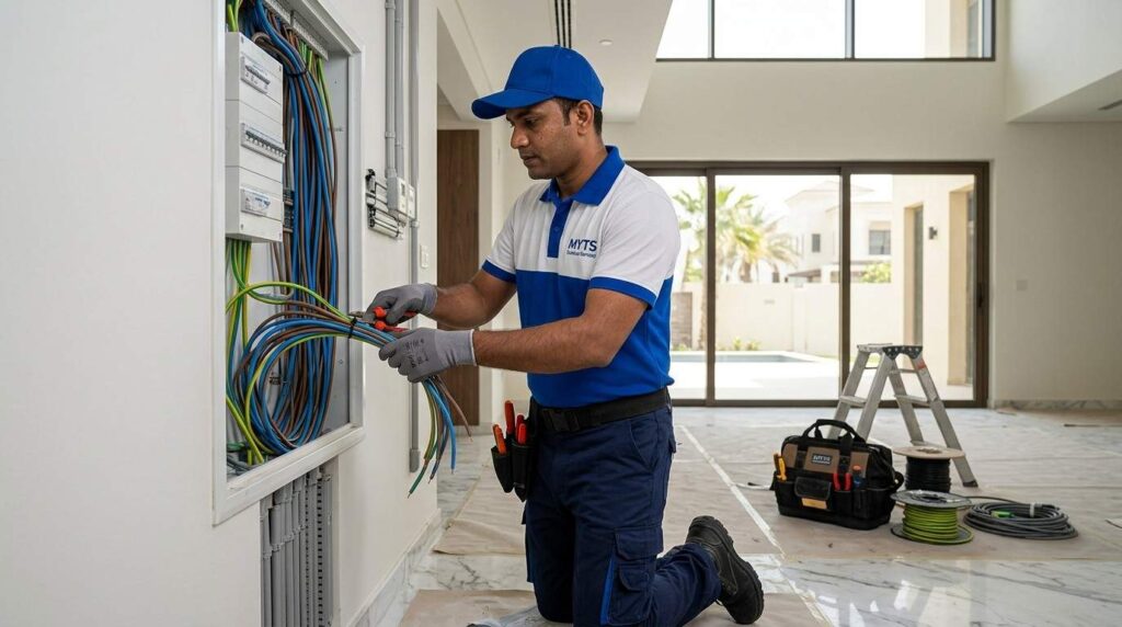 Electrical Wiring Installation in Dubai for Homes, Villas, and Offices 4 Electrician connecting electrical cables during a new wiring installation in Dubai