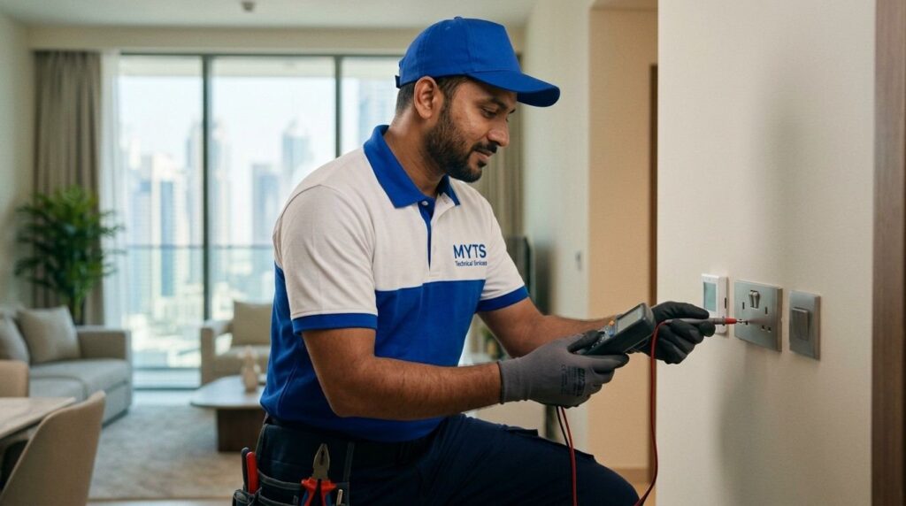 Electrician inspecting an electrical switch and outlet for faults in Dubai