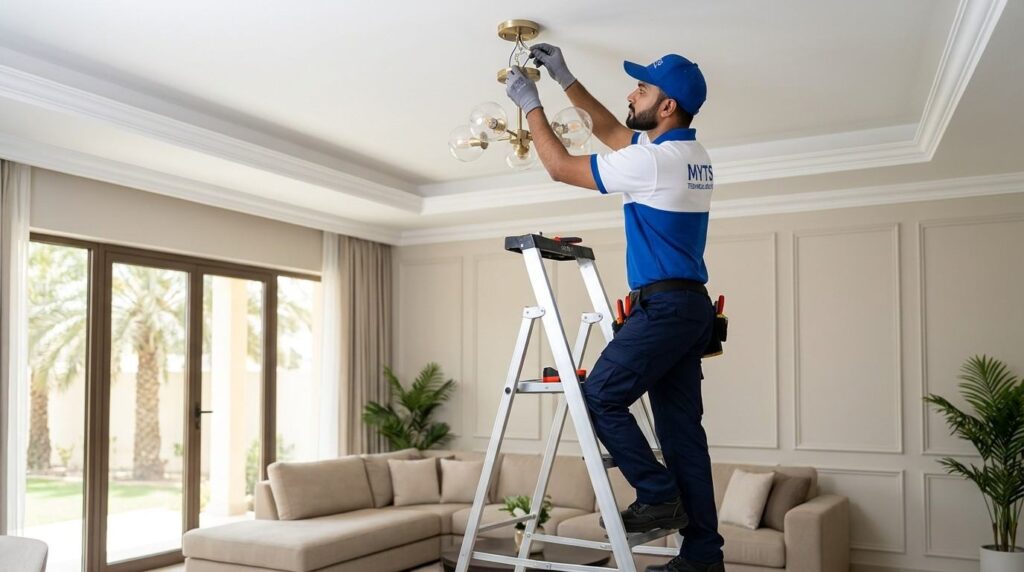 Light Fitting Installation in Dubai for Homes, Villas, and Offices 4 Electrician installing light fittings in a Dubai property