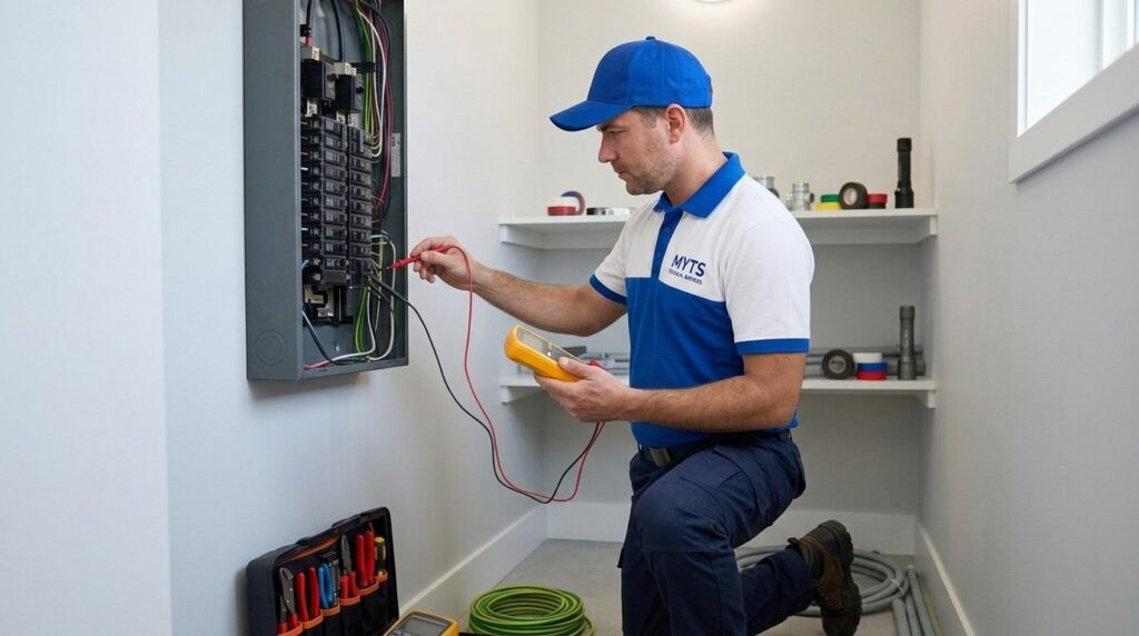 Electrician troubleshooting a short circuit in a Dubai property
